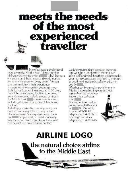  __ advertisement titled ''__ meets the needs of the most experienced traveller", featuring a Boeing 707 airliner.